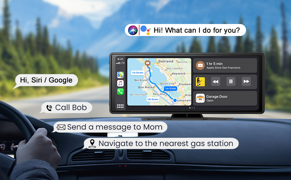 Text reads 'Hi! What can I do for you?', 'Hi, Siri / Google', 'Call Bob', 'Send a message to Mom', 'Navigate to the nearest gas station'. Car dashboard interface showing various voice command options.