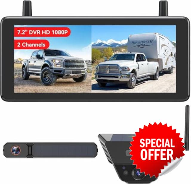 AUTO-VOX Solar Wireless Reversing Camera System with Two Cameras (License Plate & Portable): 7.2” 1080P HD Dual Channel Monitor