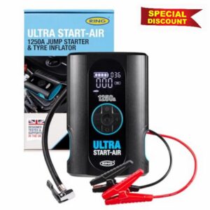 RING ULTRA START-AIR 4-in-1 Car Battery Jump Starter and Tyre Inflator - Starts Up to 6 Litre Petrol and 2.8 Litre Diesel Engines - Battery Booster & Cordless Tyre Inflator