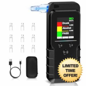 Alcohol Breathalyzer Tester with Electrochemical Sensor: Professional Digital Breathalyser with Counter – Portable Rechargeable High Accuracy Breath Test Device for Personal Professional Use Black