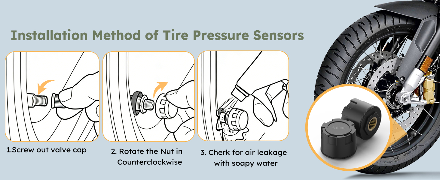 Text reads 'Installation Method of Tire Pressure Sensors'. Step-by-step diagram showing tire pressure sensor installation process with arrows and visual instructions.