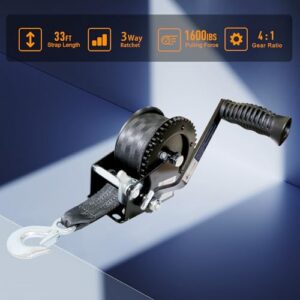 Heavy Duty Boat Trailer Winch Hand Winch with 10M (33FT) Polyester Strap and Two-Way Ratchet