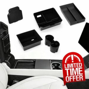 5 Piece Accessories for Tesla Model Y Juniper 2025 2026: Center Console Organiser + Silicone Tray + Hidden Box + Armrest Storage Box + Cup Holder | Flocking & Tpe Material