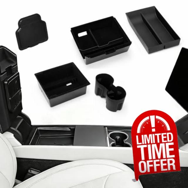 5 Piece Accessories for Tesla Model Y Juniper 2025 2026: Center Console Organiser + Silicone Tray + Hidden Box + Armrest Storage Box + Cup Holder | Flocking & Tpe Material