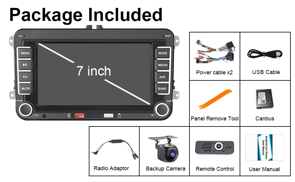 Package contents diagram showing '7 inch' car stereo unit with accessories including USB cable, remote control, camera, radio adapter, and panel removal tools.
