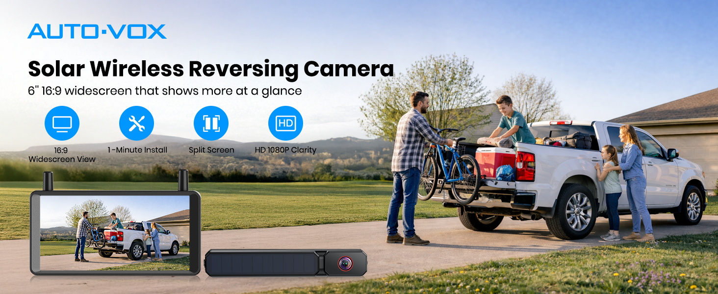 Text reads 'AUTO-VOX Solar Wireless Reversing Camera'. Composite image showing vehicle backup camera system with solar charging, featuring vehicles and installation views.