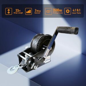 Boat Trailer Winch Hand Winch with 10M (33FT) Polyester Strap and Two-Way Ratchet