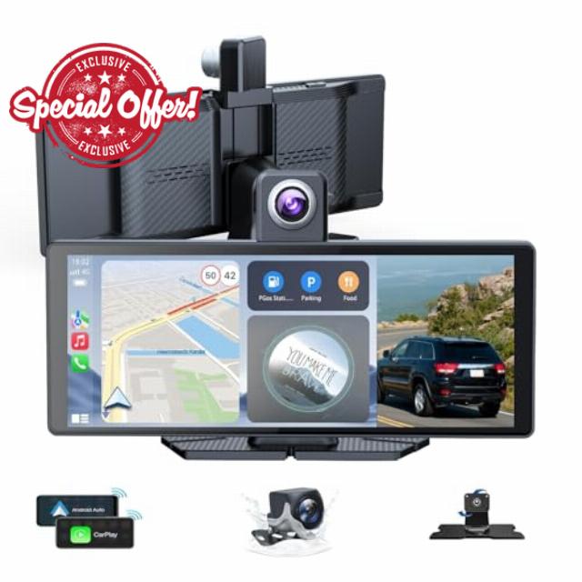 10.26" Wireless Portable Carplay Screen CarPlay & Android Auto Car Stereo 360 Rotation 4K Dash Cam 1080p Rear Camera Mirror Link Voice Control GPS Navigation(SD Card Excluded)