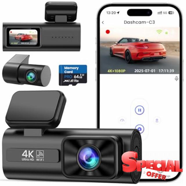 TINAZEOK Dash Cam Front and Rear 4K+1080P