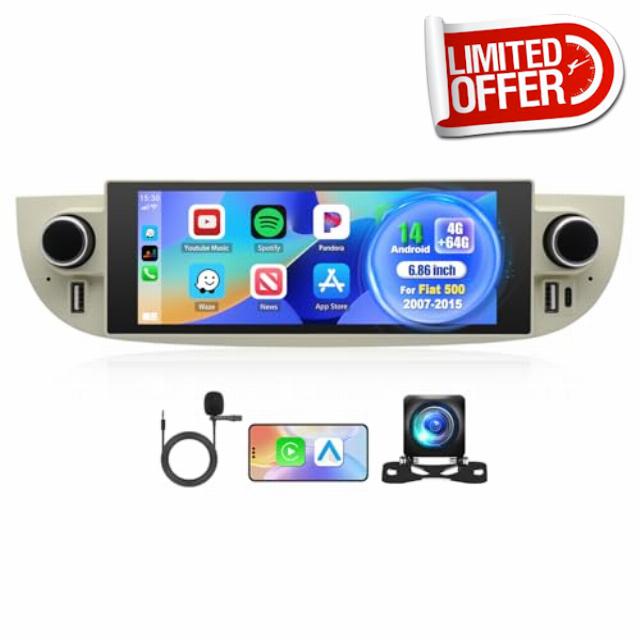 4+64G Android 14 Car Stereo for Fiat 500 2007-2015 with carplay Android Auto with 6.86 inch touchscreen GPS Sat Navi WiFi Bluetooth RDS MirrorLink SWC Backup Camera Mic