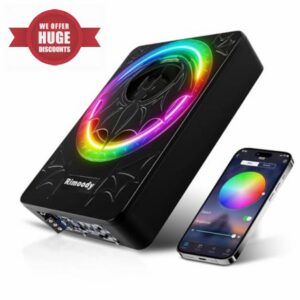 Rimoody 10 Inch Slim Active Car Subwoofer Under Seat Powered Subwoofer Built in Amplifier 1200W RMS 4 Ohm Bass Boost Phase Switch Overheat Short Circuit Protection + App Control
