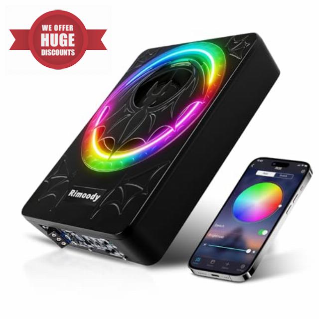 Rimoody 10 Inch Slim Active Car Subwoofer Under Seat Powered Subwoofer Built in Amplifier 1200W RMS 4 Ohm Bass Boost Phase Switch Overheat Short Circuit Protection + App Control