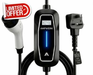 EV Charger Type 2 to 3 Pin Plug 10M | Ampwerk® 2.3kW 10A Portable EV Charger Cable IP65 | 8-Hour Timer & Safety Protection | Carry Bag Included | Designed by Ampwerk® in the UK