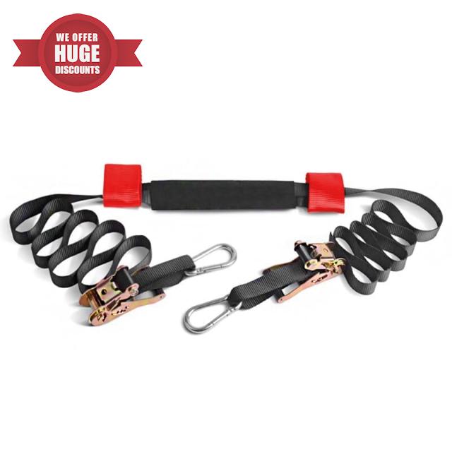 MOTO4U Universal Motorcycle Handlebar Tie Down Strap with Belt Tensioner Motorbike Front Wheel Tie Down Strap Front Wheel Transport Bar Tie Down in Red