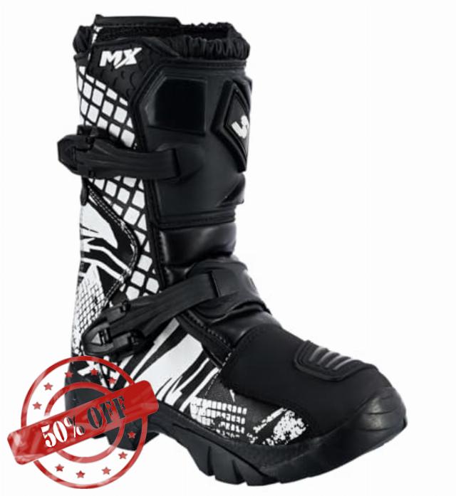 Kids Black & Whtie Real Leather Off - Road Motorbike/Motocross/Motorcycle Cubs MX Sports Shoes/Boots
