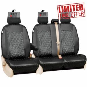 Tailored Ford Transit Custom Seat Covers 2013-2023 Driver & Double Passenger with Tray Flap & Arm Rest Heavy Duty Waterproof Polyester Nylon Leather Quilted Diamond (Leather Black Diamond Quilted)