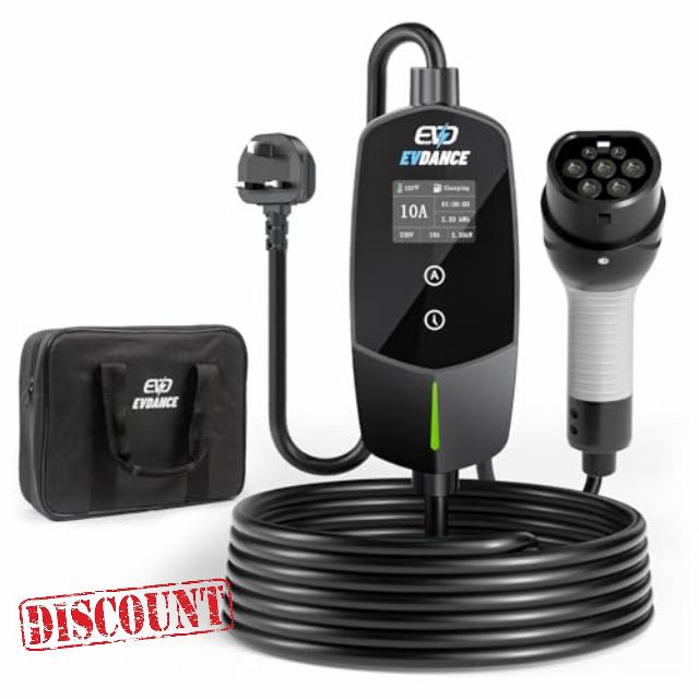 EVDANCE EV Charger Cable Type 2 to 3 Pin Plug 6m [6-13A] Current Adjustable Portable Electric Car Charger with 0-12h Time Delay
