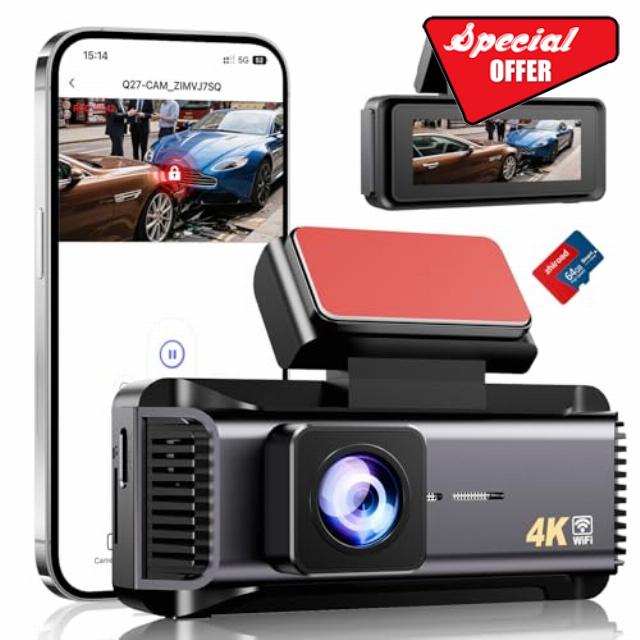 4K Dash Cam Front 2160P Car Dash Camera Built-in WiFi Includes 64GB SD Card 2.99 Inch Screen Dashcam for Cars with APP Control
