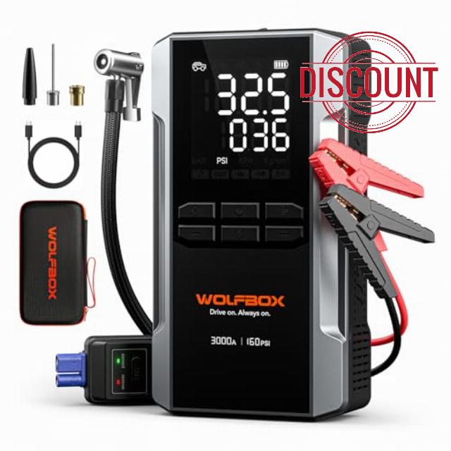 WOLFBOX 3000A Jump Starter Power Pack with Air Compressor 160PSI
