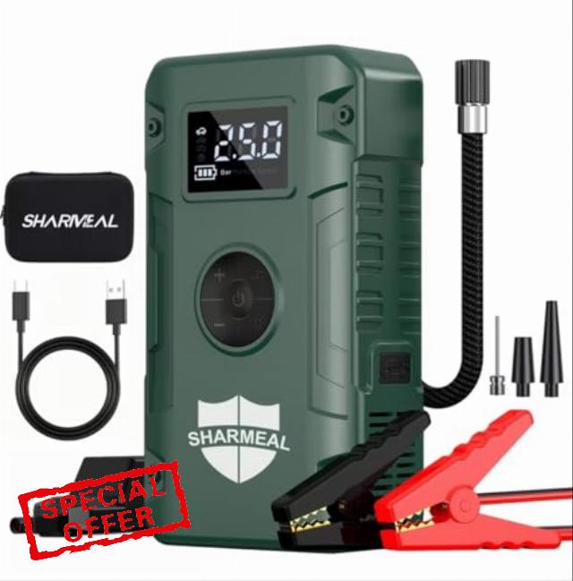 SHARMEAL 6000A Jump Starter Power Pack with 150 PSI Air Compressor (10L Gas/9L Diesel)