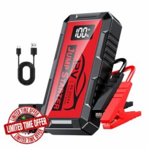 PSOOO Jump Starter 12V 8000A Power Pack Car Battery Pack (up to 10.0L Gas or 8.5L Diesel Engine) Jump Cable with Smart Clip and LED light (Red)