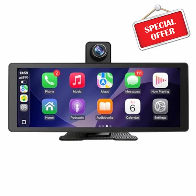 10.26" Wireless Carplay & Android Auto Screen for Car - Portable Car Stereo with 1080P Adjustable Dash Cam Front | Mirror Link | FM Transmitter/AUX | Plug & Play (10.26