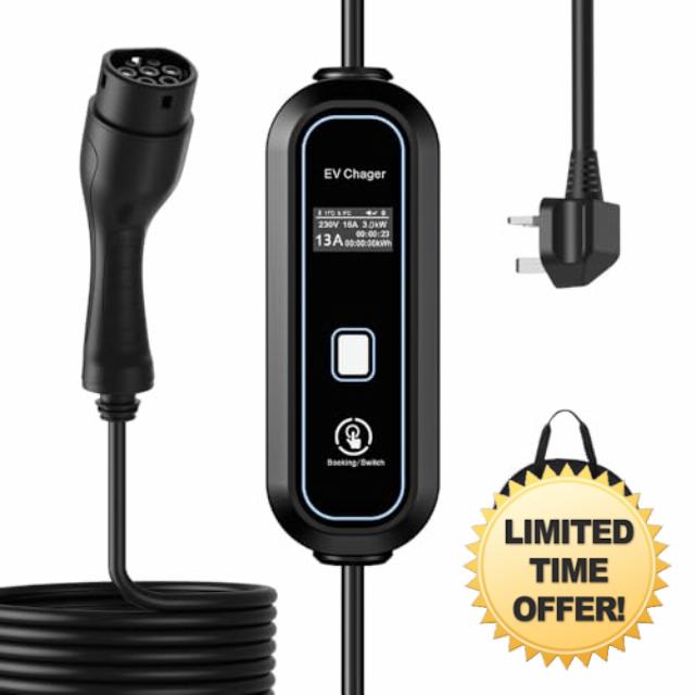 EV Charger: Type 2 to 3-Pin | 3/5/10M Cable | 3kW | 8/10/13A Adjustable Current | Schedule Charging | LED Electric Vehicle Charging Cable
