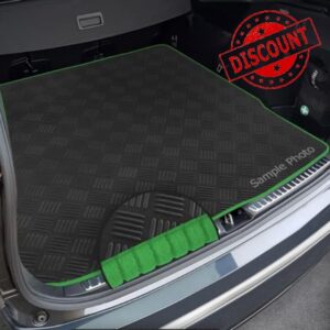 To fit Land Rover Discovery Sport (2014-2020) Custom Checker Rubber Boot Mat + Green Ribbed Ribbed Trim [CHECK-103410B]