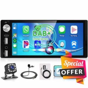 Rimoody DAB/DAB+ Single Din Car Stereo with Wireless CarPlay Android Auto 6.9'' IPS Touchscreen Bluetooth 5.2 Handsfree FM AM Radioe EQ Mirror Link Type-C USB Mirror Link 1 Din Reverse Camera