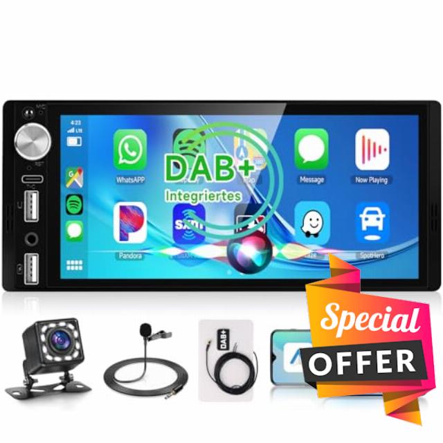 Rimoody DAB/DAB+ Single Din Car Stereo with Wireless CarPlay Android Auto 6.9'' IPS Touchscreen Bluetooth 5.2 Handsfree FM AM Radioe EQ Mirror Link Type-C USB Mirror Link 1 Din Reverse Camera