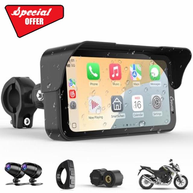 Carpuride W603DT for Motorcycle CarPlay & Android Auto & TPMS - HD1080 Dash Cam