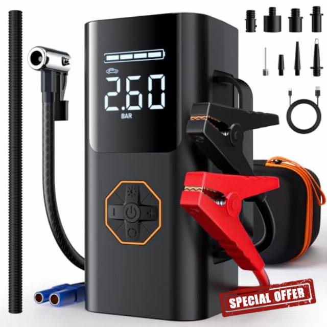 Portable Jump Starter with Air Compressor - 12V Car Battery Jumper Starter Box 5500A (All Gas/12L Diesel) 9-in-1 with Air Blower