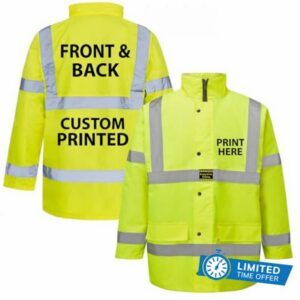 Custom Printed Yellow/Orange Bespoke Printed Hi-Vis Safety traffic Jacket Hi -Viz Visibility Supplied by Simply Hi Vis Clothing UK.