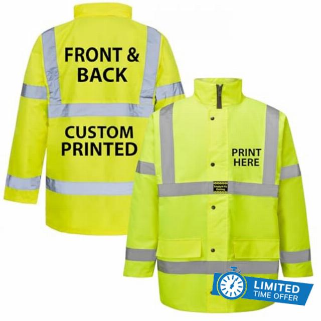 Custom Printed Yellow/Orange Bespoke Printed Hi-Vis Safety traffic Jacket Hi -Viz Visibility Supplied by Simply Hi Vis Clothing UK.