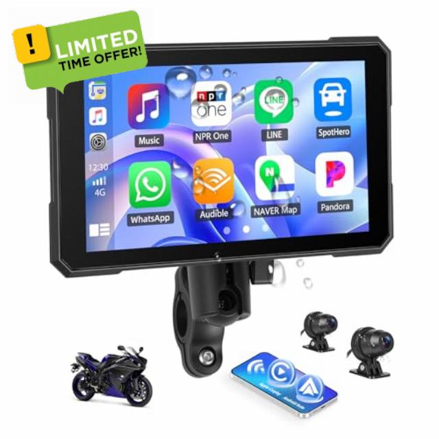 CAMECHO Motorcycle Carplay Screen with Dash Cam Front and Rear Camera