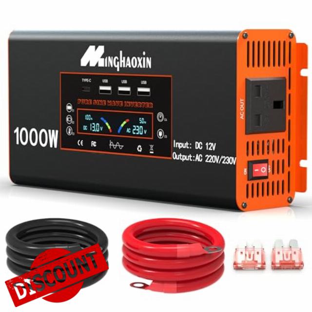 1000W Pure Sine Wave Inverter 12V to 240V - 2000w Peak with LCD Display UK Sockets and 3USB for Motorhomes