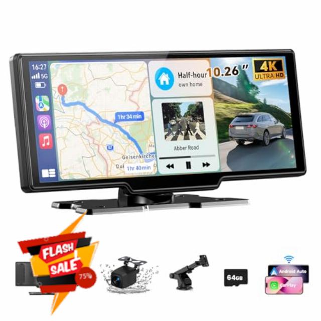 10.26" Car Tablet Pro Max 2025: Wireless Carplay Screen for Car with 4K Front and 1080P Rear Camera