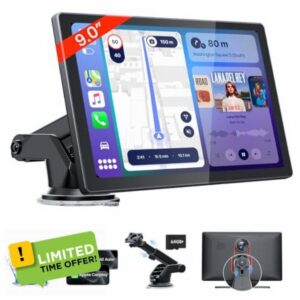 9'' HD Portable Carplay Screen for Car with 4K Dash Cam & 1080P Backup Camera DVR