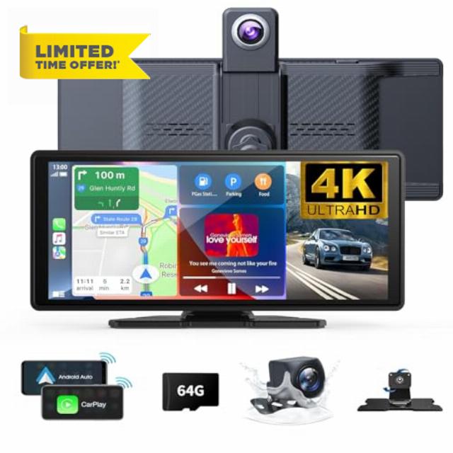 10.26" Wireless Carplay Screen 360 Rotation 4K Dash Cam Carplay & Android Auto Car Stereo Car Audio Receivers with 1080p Backup Camera GPS Navigation/Mirror Link/Voice Control/Siri