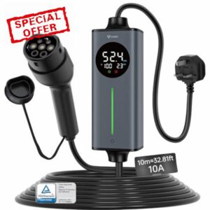 GONEO 10M 3 Pin EV Charger Type 2 UK Plug | Electric Car Charger Cable 10A 2.3kW | Temperature Monitoring