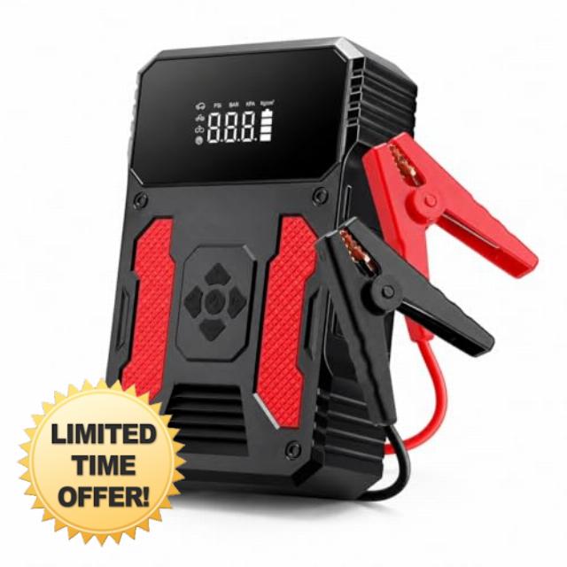 Car Jump Starter Power Pack with Built-in Air Compressor — 12V Battery Booster for Petrol & Diesel up to 5L Engines