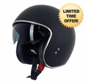 Stealth Motorcycle Open Face Helmet Matt Black – Classic Scooter & Motorbike Helmet with Drop Down Sun Visor – ABS Shell