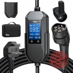Tera EV Charger 3 Pin Plug: 6M 3kW Type 2 Charging Cable 6-13A Portable IP66 Electric Car Charger with 2.8'' LCD Display 5H Delay Time with Cable Holder & Bag for Home Outdoor Charging P06