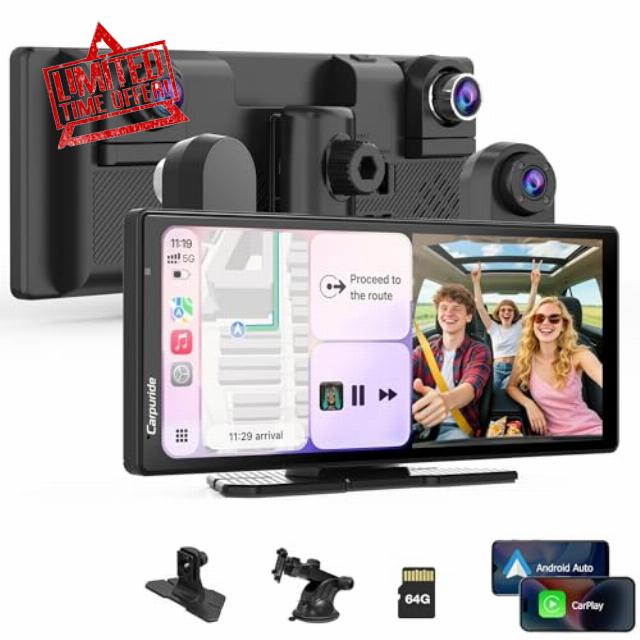 CARPURIDE Portable Carplay & Android Auto Screen with 3 Channel Dash Cam