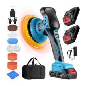 8 Variable Speed Car Polisher 2800-6000RPM Car Polishing Machine with 2X 21V 2.0Ah Batteries and 17 Piece Polishing Kit for Car Detailing Scratch Removing (Blue)