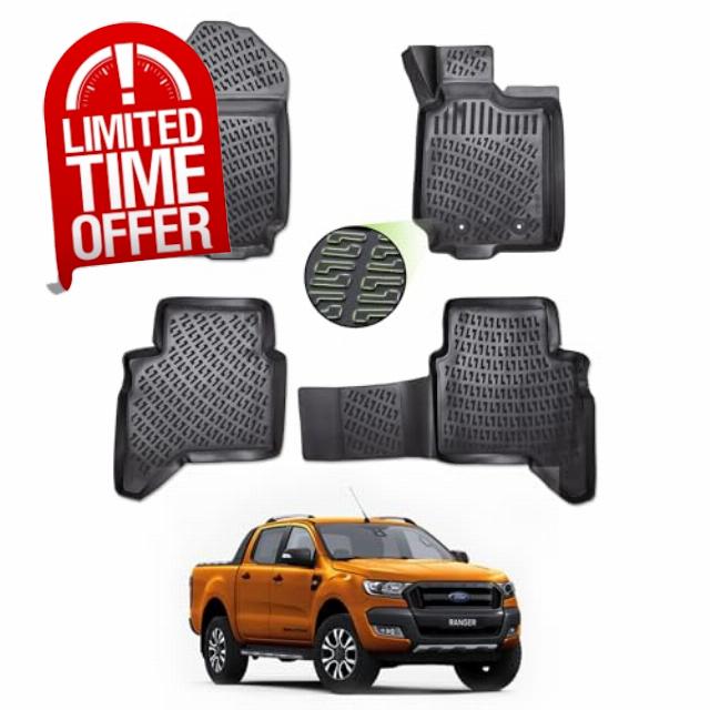 Heavy-Duty Rubber Floor Mats for Ford Ranger 2012–2022 - Waterproof Non-Slip Vehicle Mats with OEM Fixing Clips - Compatible with Ford Ranger T6 T7 T8 Double Cab - Set of 4