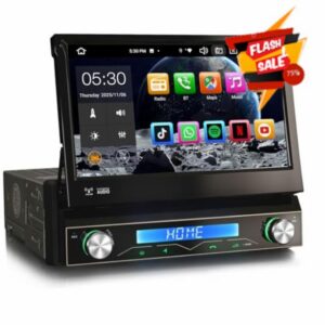 Erisin Android 14 8-Core 4GB+64GB Single Din Retractable Car Stereo DAB+ Radio GPS Sat Nav 7 Inch 1 Din Head Unit IPS Touch Screen Bluetooth 5.0 Support Wireless CarPlay Android Auto WiFi 4G RDS DSP