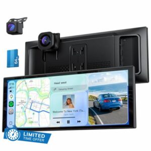10.26" Wireless Portable 60FPS CarPlay Screen with 4K Front & HD Rear Dual Dash Cam for Apple Car Play & Android Auto 1920 * 720 Fully Laminated Tablet with Mirror Link