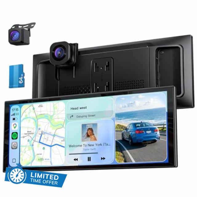 10.26" Wireless Portable 60FPS CarPlay Screen with 4K Front & HD Rear Dual Dash Cam for Apple Car Play & Android Auto 1920 * 720 Fully Laminated Tablet with Mirror Link
