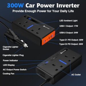 300W Car Voltage Converter Transformer with 3-Pin Sockets & 4-USB Ports for Charging Phones